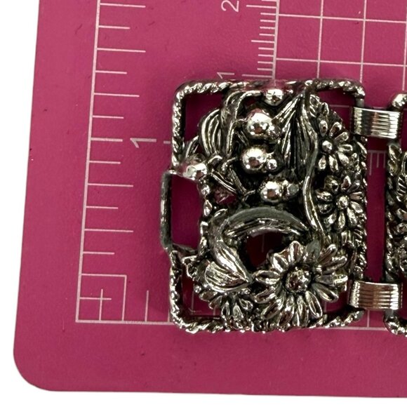 Vintage Sarah Coventry Floral SilverTone Panel Bracelet Antique Garden Sunflower - Picture 8 of 12